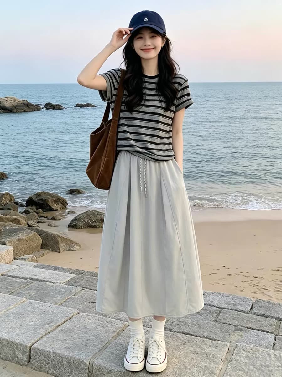 임산부 수유 새로운 스트라이프 티셔츠 반신 여성 드레스 여름 그레이트 통해보기 가져 가라. 에이즈 환자 세트 롱 스커트 이미지 3