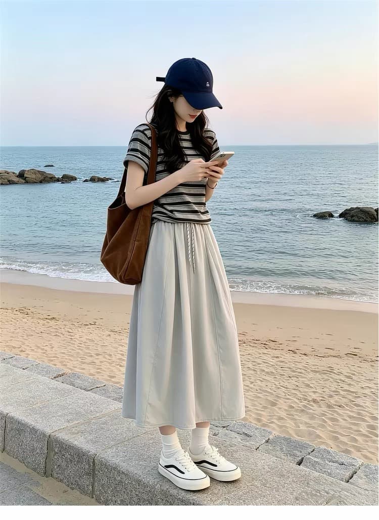 임산부 수유 새로운 스트라이프 티셔츠 반신 여성 드레스 여름 그레이트 통해보기 가져 가라. 에이즈 환자 세트 롱 스커트 상세 이미지 3