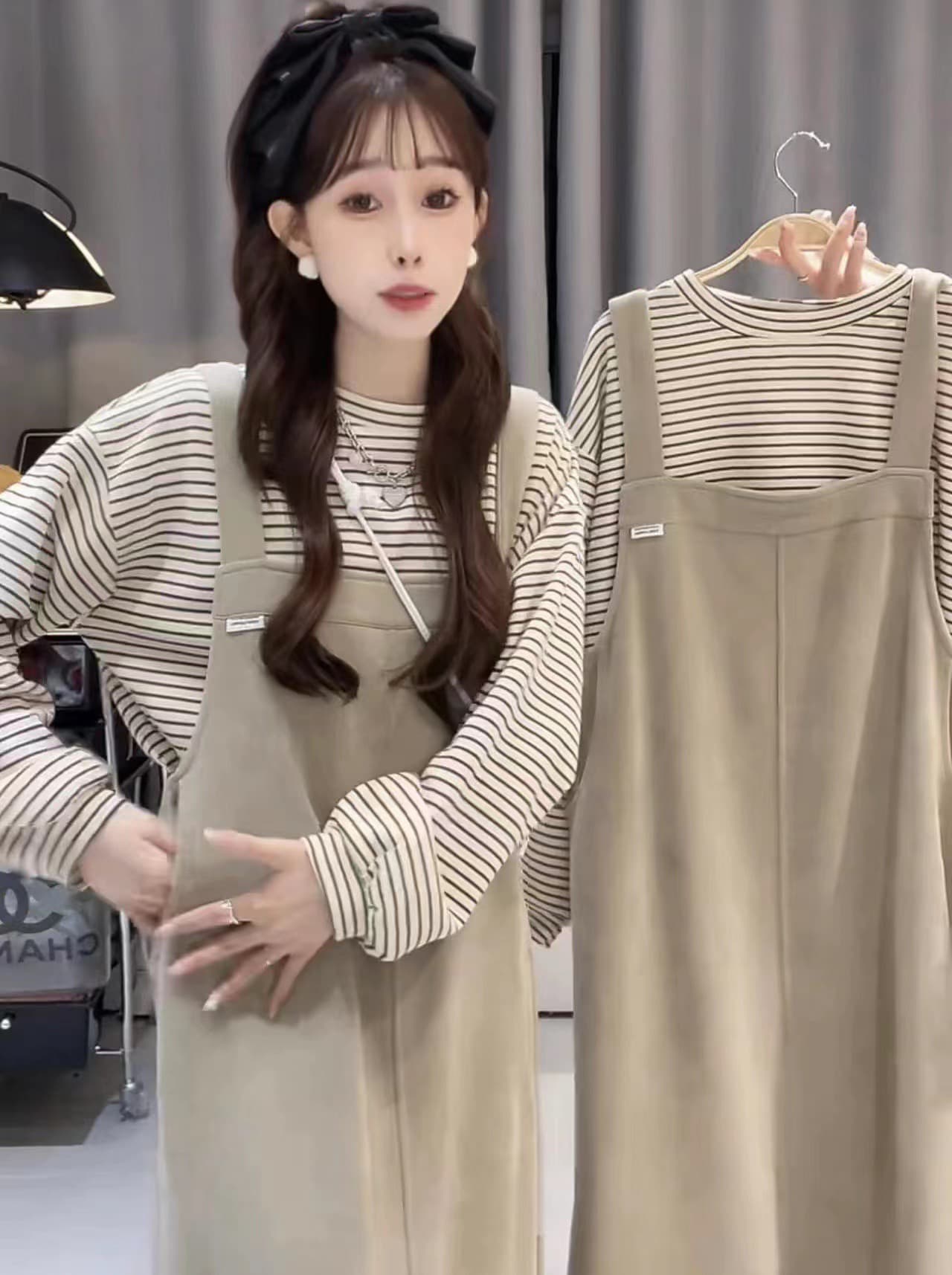임산부 수유 나가라. 매운맛 엄마 섹션 가을 겨울 슬립 드레스 먹이주기 투피스 세트 출산 후 슬림해 보이는 스트라이프 세트 상세 이미지 4