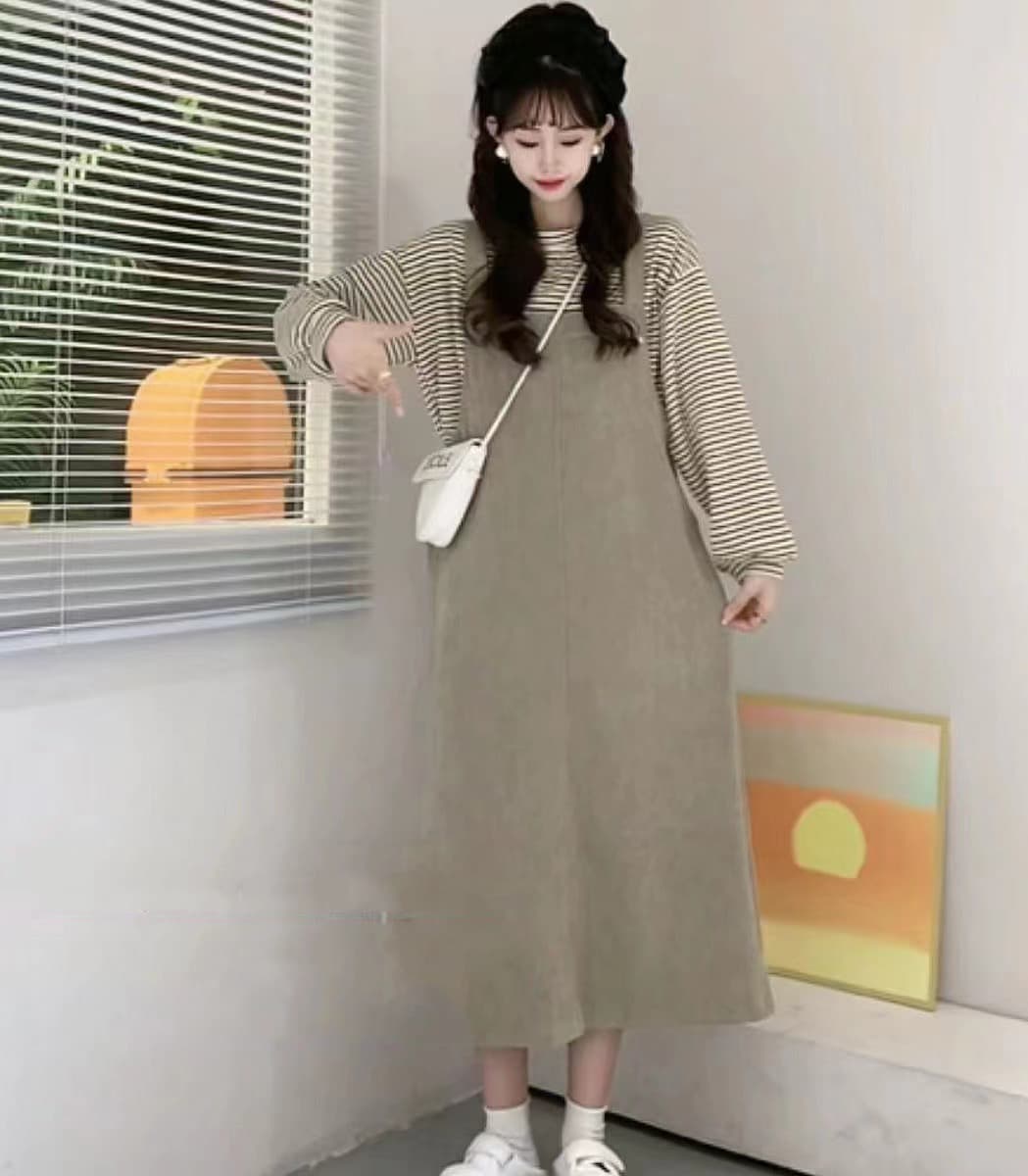 임산부 수유 나가라. 매운맛 엄마 섹션 가을 겨울 슬립 드레스 먹이주기 투피스 세트 출산 후 슬림해 보이는 스트라이프 세트 상세 이미지 5