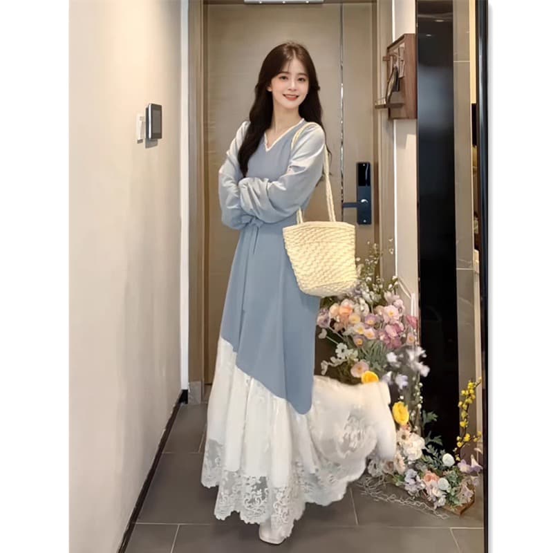 임산부 수유 가을 겨울 프랑스식 레트로 레이스 조각 디자인 센스 배색 드레스 V넥 슬림해 보이는 기본 스커트 이미지 2