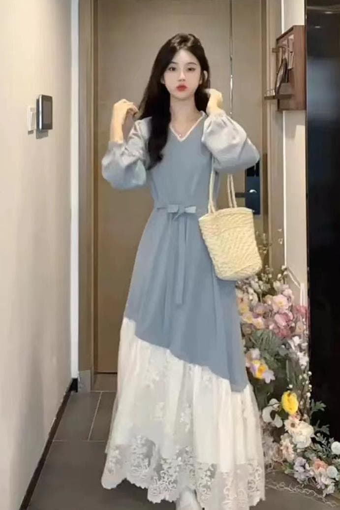 임산부 수유 가을 겨울 프랑스식 레트로 레이스 조각 디자인 센스 배색 드레스 V넥 슬림해 보이는 기본 스커트 이미지 3