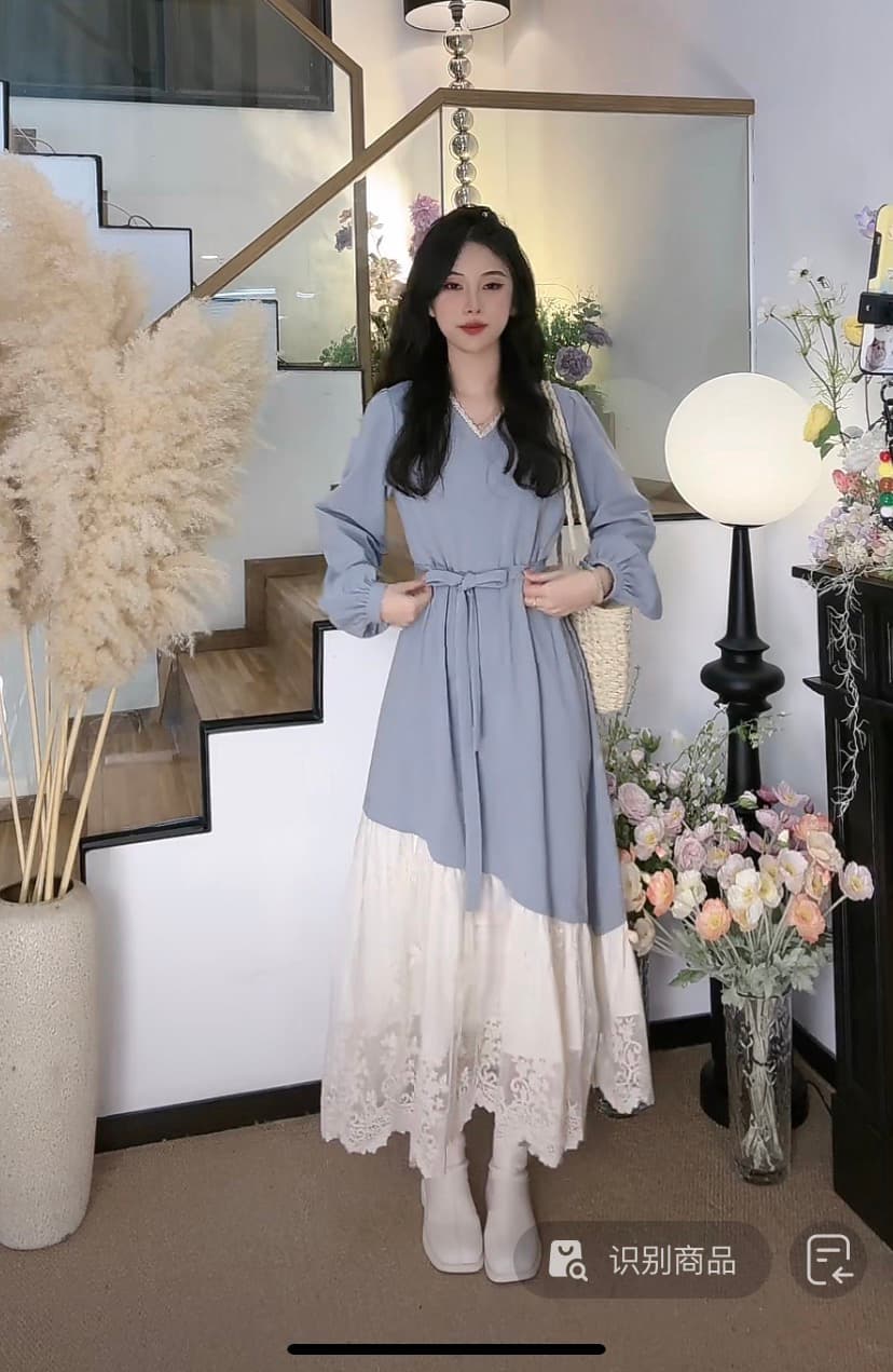 임산부 수유 가을 겨울 프랑스식 레트로 레이스 조각 디자인 센스 배색 드레스 V넥 슬림해 보이는 기본 스커트 상세 이미지 6