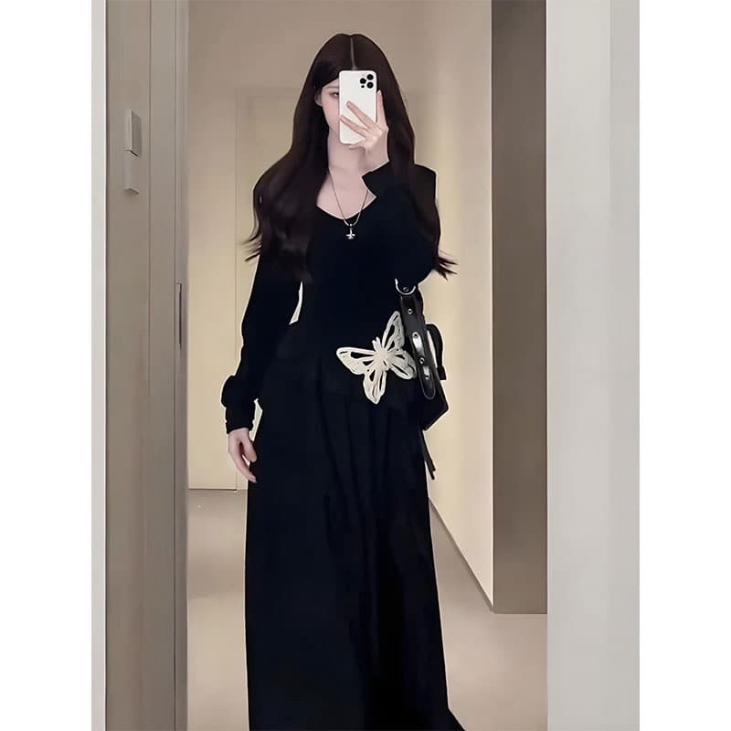 임산부 수유 2026 새로운 나비 작은 검은 드레스 불규칙 치마 단색 긴팔 허리 수축 드레스 상세 이미지 9