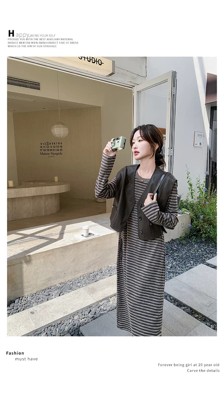 임산부 수유 2026 봄 가을 신제품 스트라이프 긴팔 드레스 패션 PU 가죽 베스트 세트 상세 이미지 5