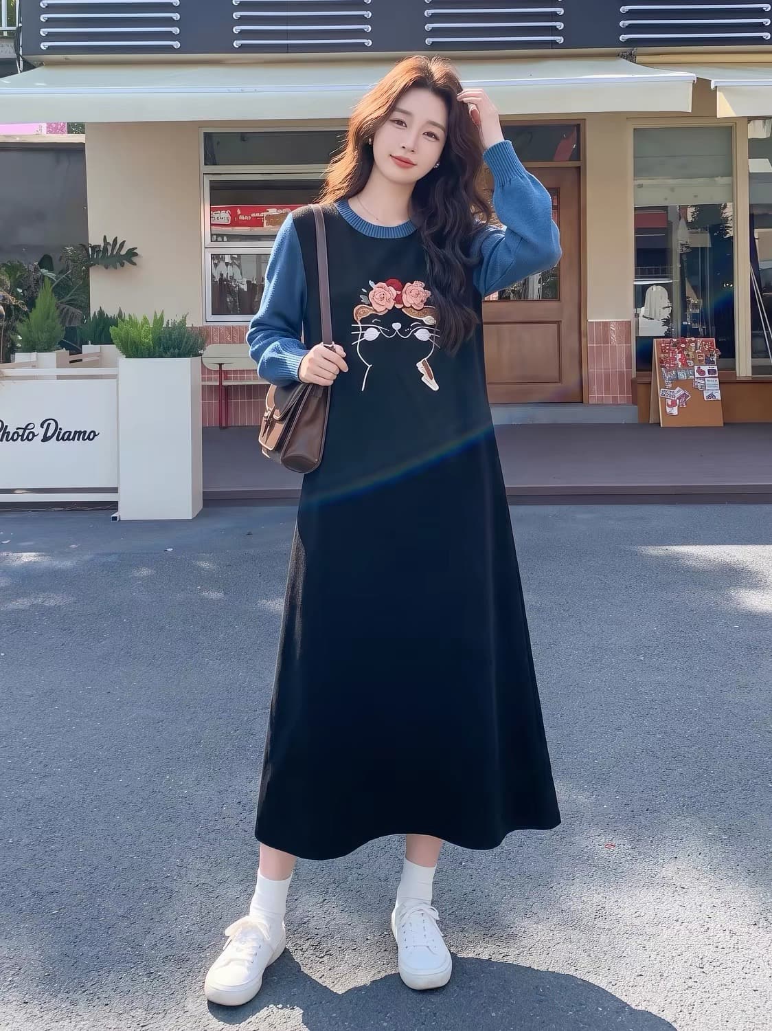 임산부 수유 달콤함 학원 스타일 지방 mm 여성 드레스 가을 루즈핏 슬림해 보이는 표지 배 페이크 레이어드 니트 스웨터 상세 이미지 5