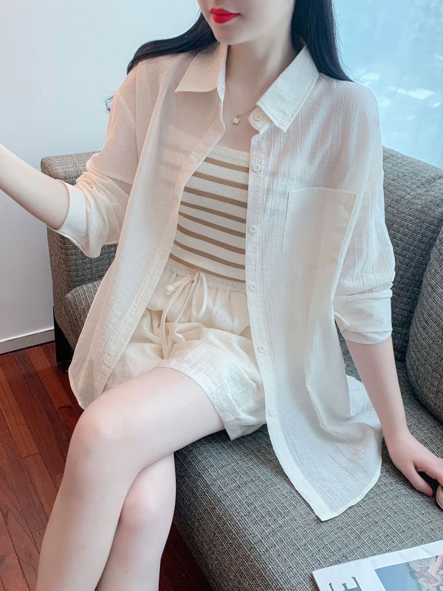 26 봄 여름 달콤함 긴팔 루즈핏 다용도 긴팔 자외선 차단 셔츠 슬립 반바지 세 조각 세트 여성 상세 이미지 3
