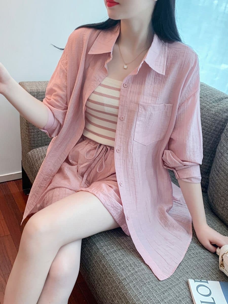 26 봄 여름 달콤함 긴팔 루즈핏 다용도 긴팔 자외선 차단 셔츠 슬립 반바지 세 조각 세트 여성 상세 이미지 7