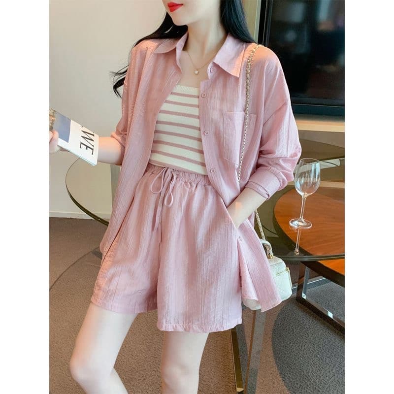 26 봄 여름 달콤함 긴팔 루즈핏 다용도 긴팔 자외선 차단 셔츠 슬립 반바지 세 조각 세트 여성 상세 이미지 9