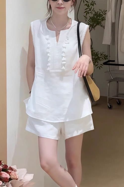 오래된 돈 바람 면 린넨 술 V넥 민소매 조끼 셔츠 캐주얼 반바지 세트 25 아모이 두 조각 여성 이미지 5