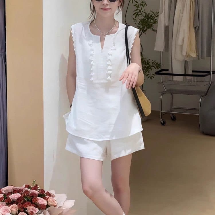오래된 돈 바람 면 린넨 술 V넥 민소매 조끼 셔츠 캐주얼 반바지 세트 25 아모이 두 조각 여성 상세 이미지 4