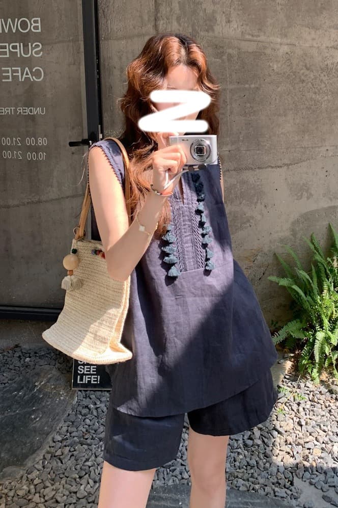 오래된 돈 바람 면 린넨 술 V넥 민소매 조끼 셔츠 캐주얼 반바지 세트 25 아모이 두 조각 여성 이미지 6