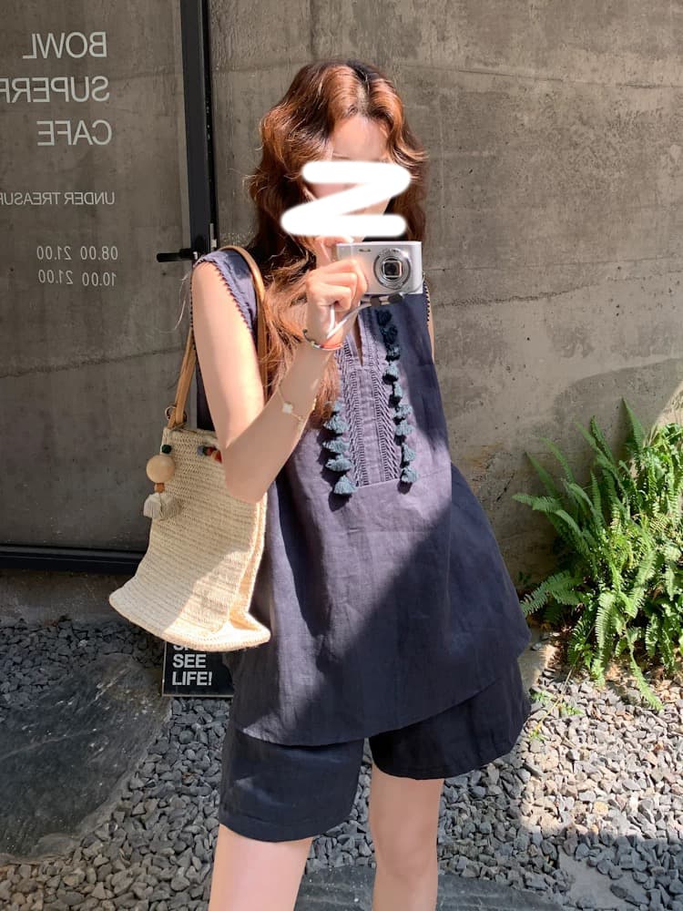 오래된 돈 바람 면 린넨 술 V넥 민소매 조끼 셔츠 캐주얼 반바지 세트 25 아모이 두 조각 여성 상세 이미지 2