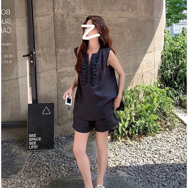 오래된 돈 바람 면 린넨 술 V넥 민소매 조끼 셔츠 캐주얼 반바지 세트 25 아모이 두 조각 여성 상세 이미지 4