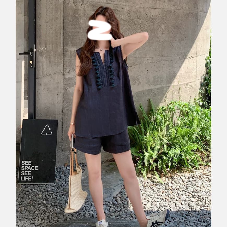 오래된 돈 바람 면 린넨 술 V넥 민소매 조끼 셔츠 캐주얼 반바지 세트 25 아모이 두 조각 여성 상세 이미지 6