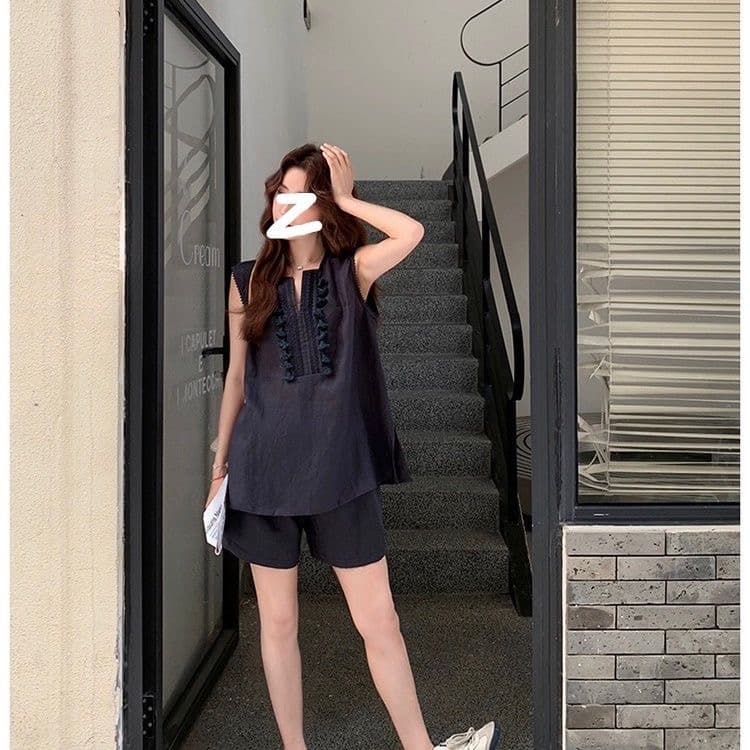 오래된 돈 바람 면 린넨 술 V넥 민소매 조끼 셔츠 캐주얼 반바지 세트 25 아모이 두 조각 여성 상세 이미지 7