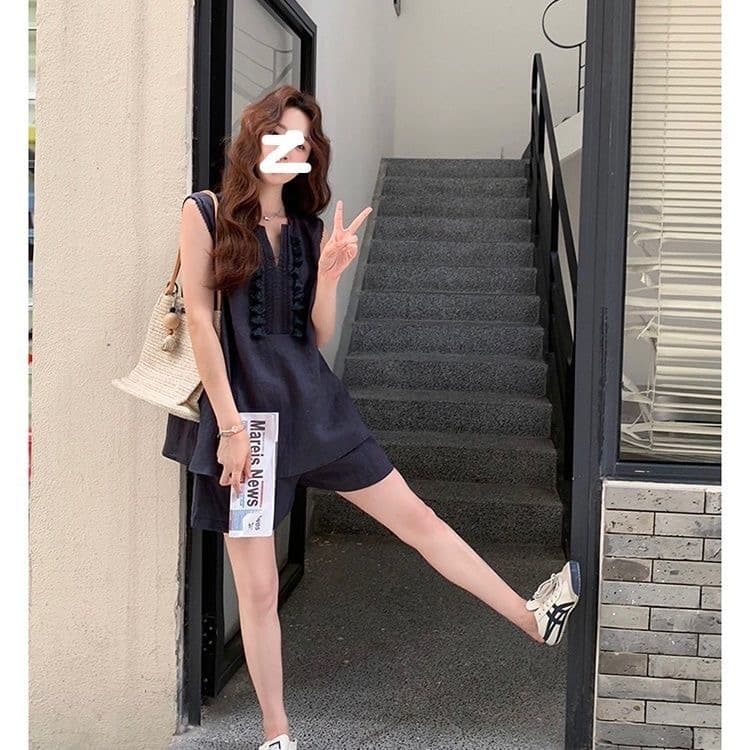 오래된 돈 바람 면 린넨 술 V넥 민소매 조끼 셔츠 캐주얼 반바지 세트 25 아모이 두 조각 여성 상세 이미지 8