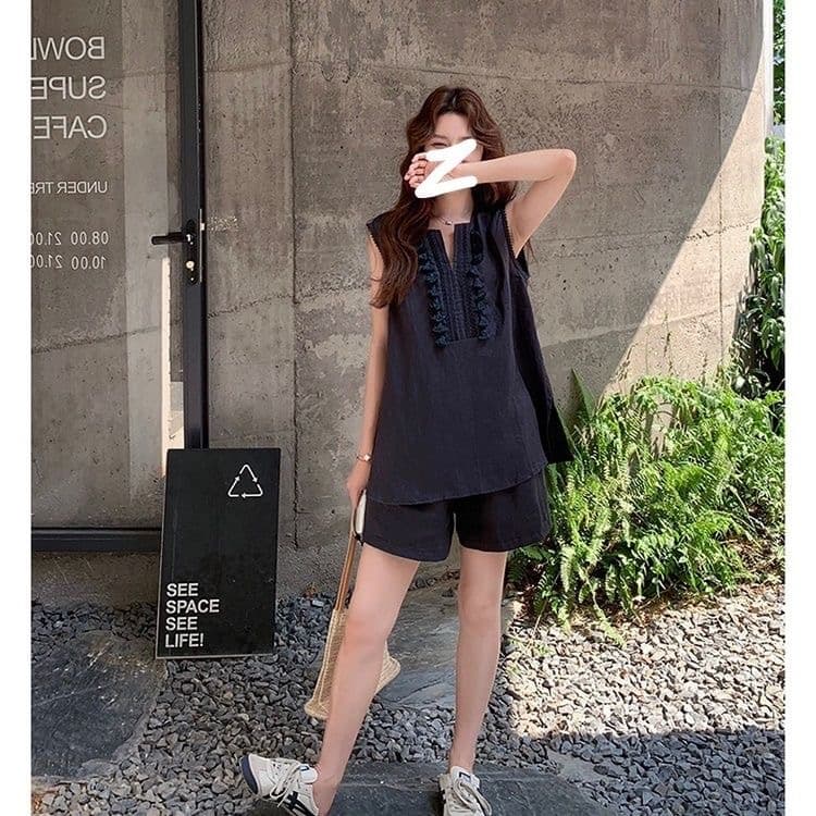 오래된 돈 바람 면 린넨 술 V넥 민소매 조끼 셔츠 캐주얼 반바지 세트 25 아모이 두 조각 여성 상세 이미지 9