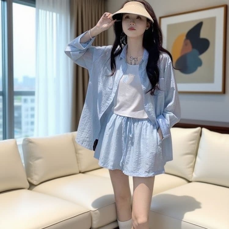 실사 새로운 루즈핏 세 조각 세트 26 여름 자외선 차단 셔츠 알파벳 조끼 반바지 작은 키 전체 집합 상세 이미지 5