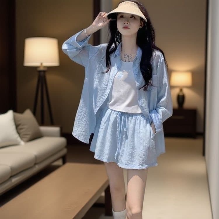 실사 새로운 루즈핏 세 조각 세트 26 여름 자외선 차단 셔츠 알파벳 조끼 반바지 작은 키 전체 집합 상세 이미지 6