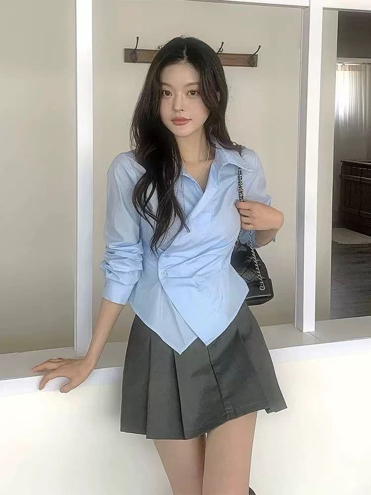 새로운 디자인 센스 일상 허리 수축 셔츠 25 가을 긴팔 몸매 가꾸기 출퇴근 파란색 셔츠 POLO 칼라 여성 상세 이미지 4