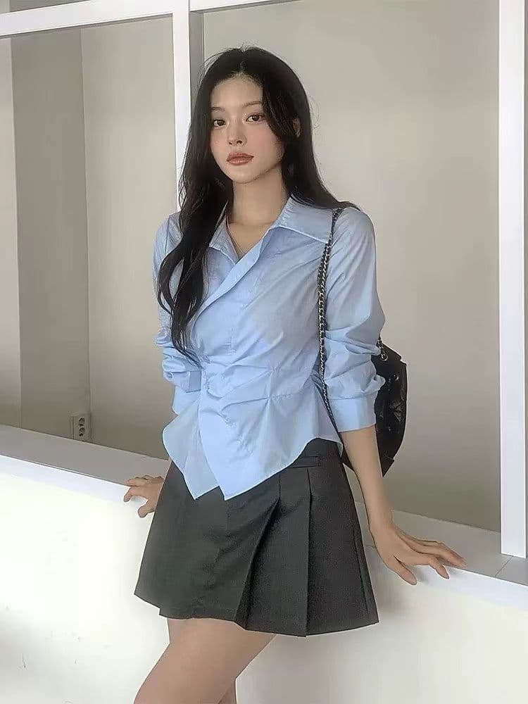 새로운 디자인 센스 일상 허리 수축 셔츠 25 가을 긴팔 몸매 가꾸기 출퇴근 파란색 셔츠 POLO 칼라 여성 상세 이미지 5