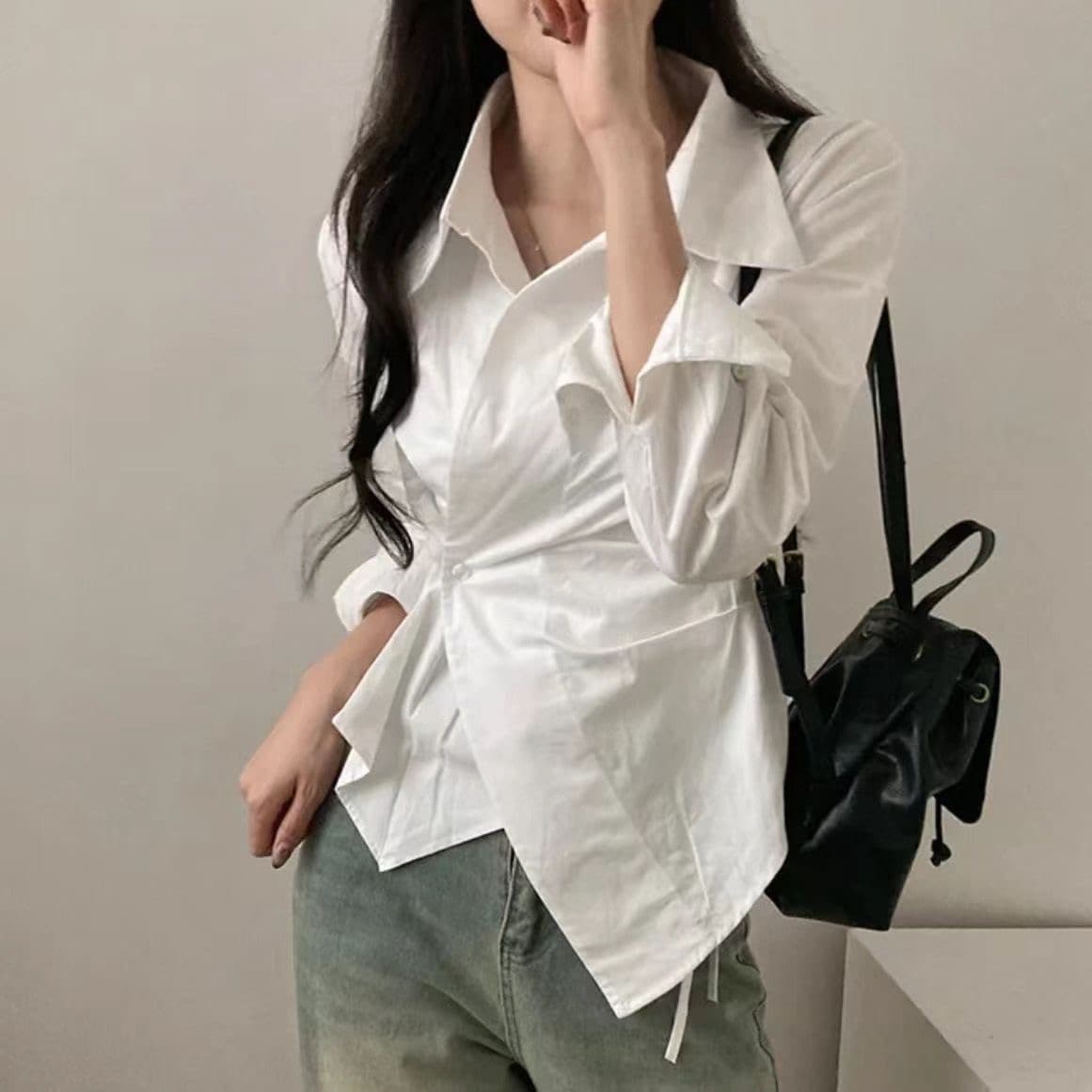 새로운 디자인 센스 일상 허리 수축 셔츠 25 가을 긴팔 몸매 가꾸기 출퇴근 파란색 셔츠 POLO 칼라 여성 상세 이미지 2