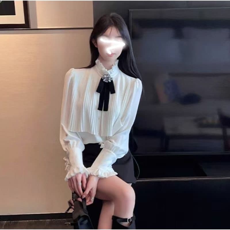 26 이른 봄 새로운 무거운 작업 압력 주름 스탠드 칼라 화이트 여성 셔츠 인사이드 가져 가라. 프랑스식 셔츠 포함 나비 넥타이 품격 상세 이미지 3