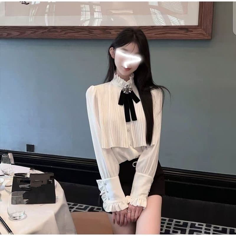 26 이른 봄 새로운 무거운 작업 압력 주름 스탠드 칼라 화이트 여성 셔츠 인사이드 가져 가라. 프랑스식 셔츠 포함 나비 넥타이 품격 상세 이미지 4