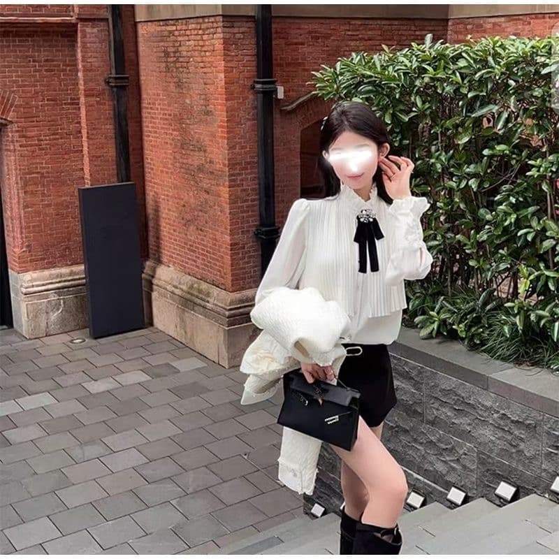 26 이른 봄 새로운 무거운 작업 압력 주름 스탠드 칼라 화이트 여성 셔츠 인사이드 가져 가라. 프랑스식 셔츠 포함 나비 넥타이 품격 상세 이미지 5