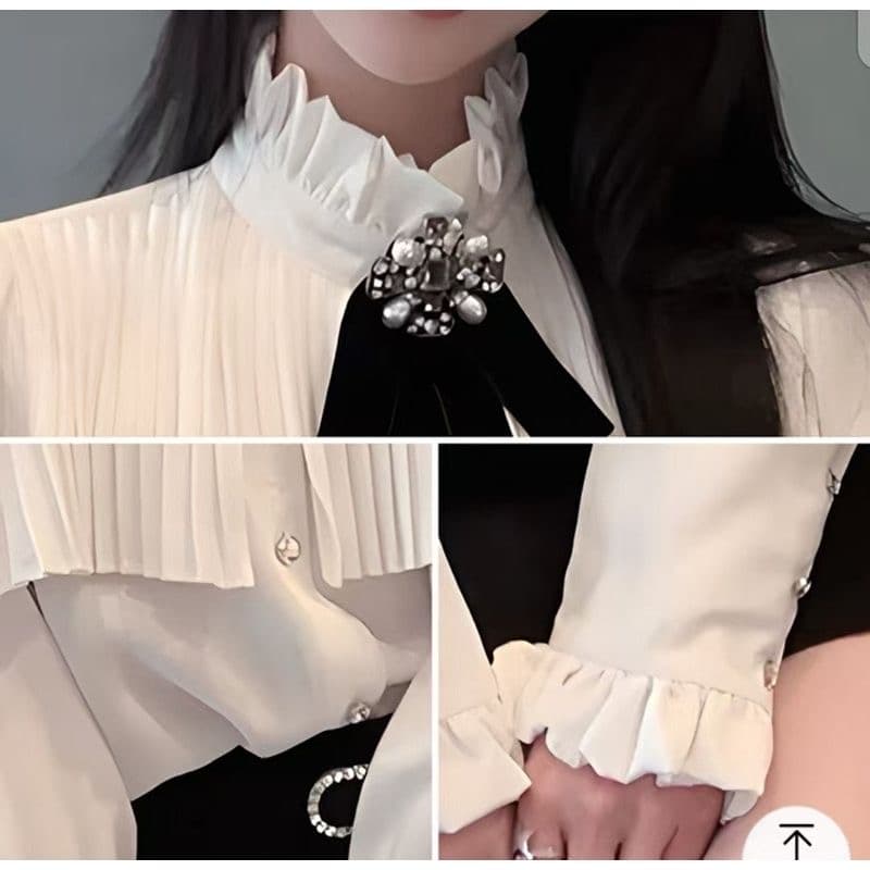 26 이른 봄 새로운 무거운 작업 압력 주름 스탠드 칼라 화이트 여성 셔츠 인사이드 가져 가라. 프랑스식 셔츠 포함 나비 넥타이 품격 상세 이미지 6