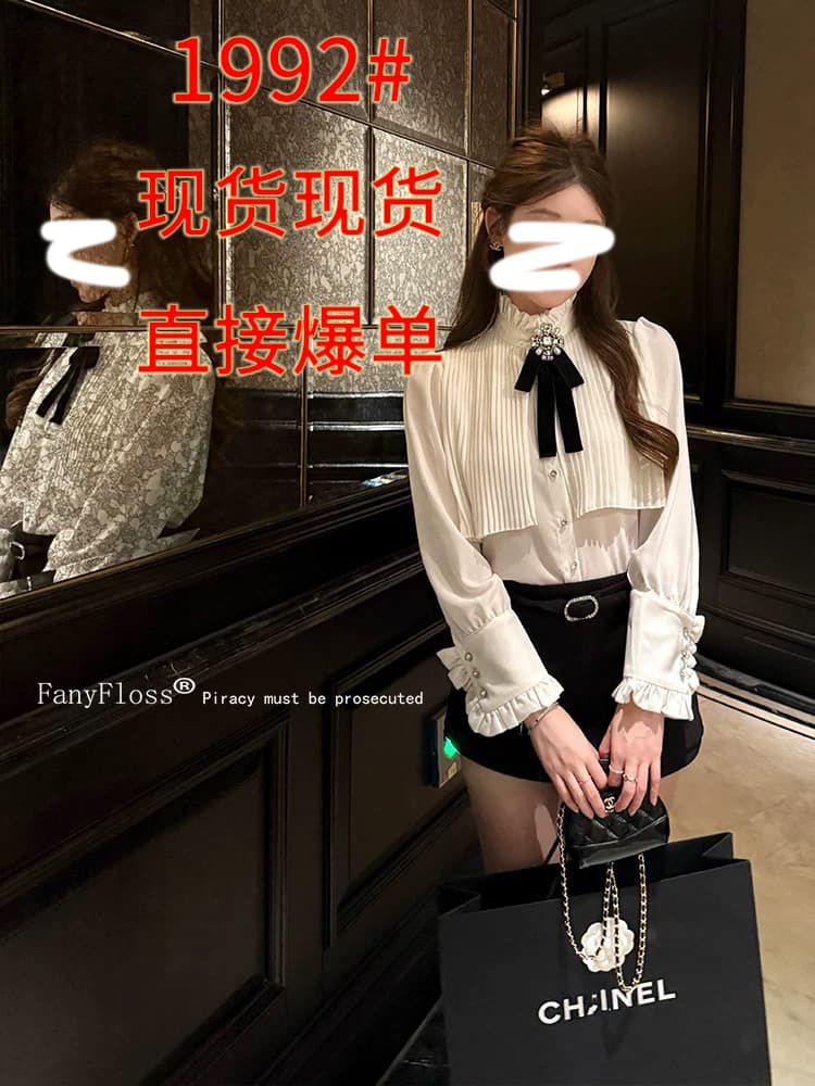 26 이른 봄 새로운 무거운 작업 압력 주름 스탠드 칼라 화이트 여성 셔츠 인사이드 가져 가라. 프랑스식 셔츠 포함 나비 넥타이 품격 이미지 4