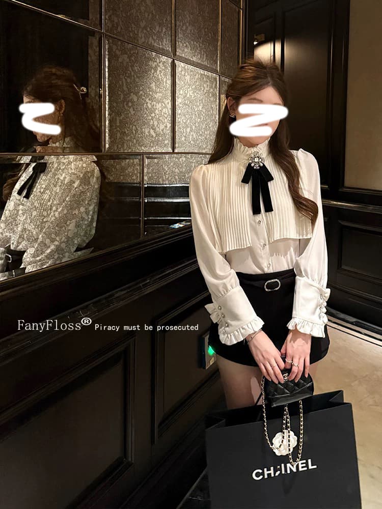 26 이른 봄 새로운 무거운 작업 압력 주름 스탠드 칼라 화이트 여성 셔츠 인사이드 가져 가라. 프랑스식 셔츠 포함 나비 넥타이 품격 상세 이미지 3