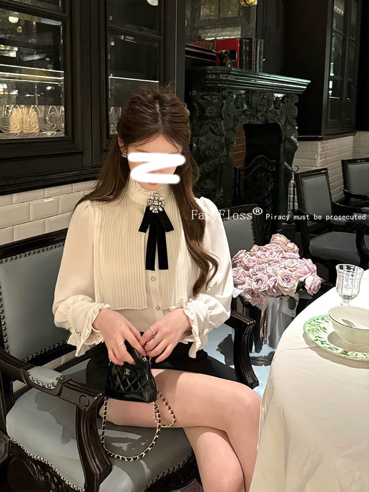 26 이른 봄 새로운 무거운 작업 압력 주름 스탠드 칼라 화이트 여성 셔츠 인사이드 가져 가라. 프랑스식 셔츠 포함 나비 넥타이 품격 상세 이미지 4