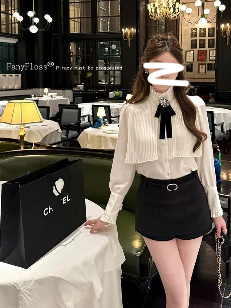 26 이른 봄 새로운 무거운 작업 압력 주름 스탠드 칼라 화이트 여성 셔츠 인사이드 가져 가라. 프랑스식 셔츠 포함 나비 넥타이 품격 상세 이미지 5