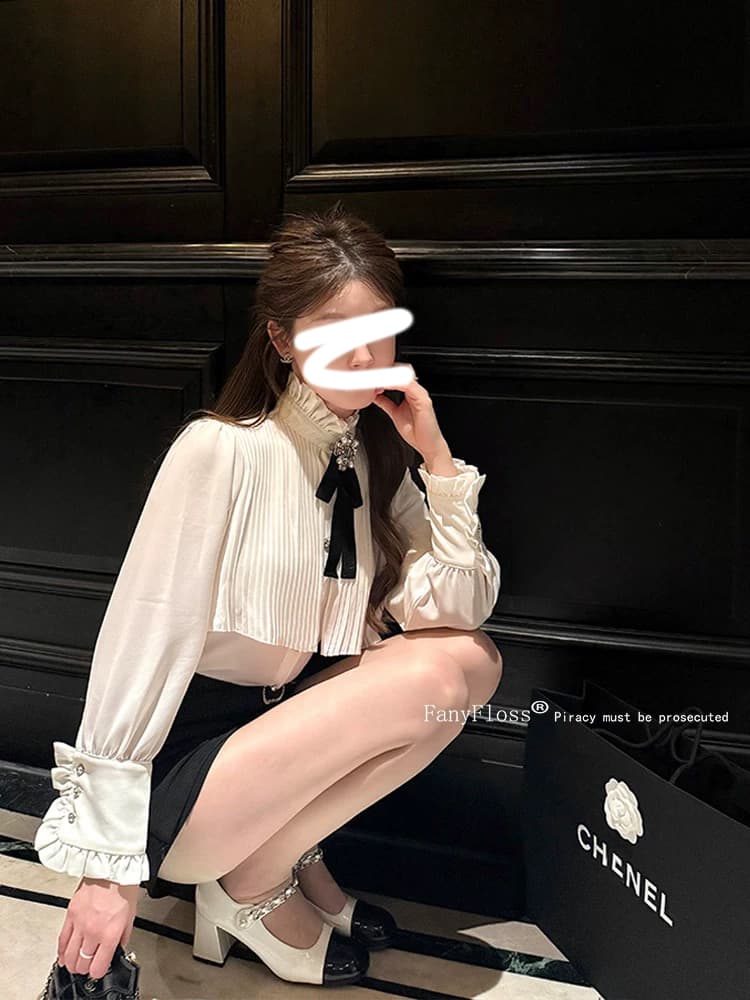 26 이른 봄 새로운 무거운 작업 압력 주름 스탠드 칼라 화이트 여성 셔츠 인사이드 가져 가라. 프랑스식 셔츠 포함 나비 넥타이 품격 상세 이미지 6