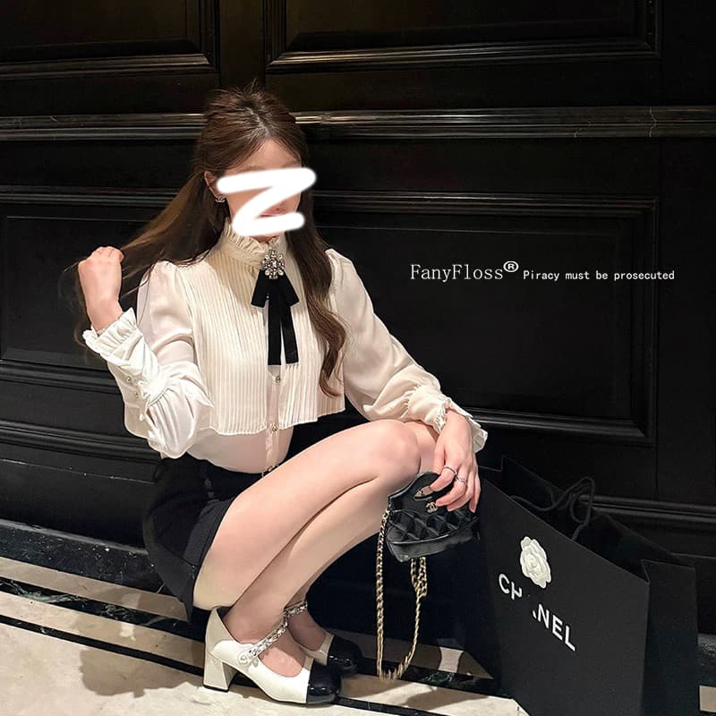26 이른 봄 새로운 무거운 작업 압력 주름 스탠드 칼라 화이트 여성 셔츠 인사이드 가져 가라. 프랑스식 셔츠 포함 나비 넥타이 품격 상세 이미지 7