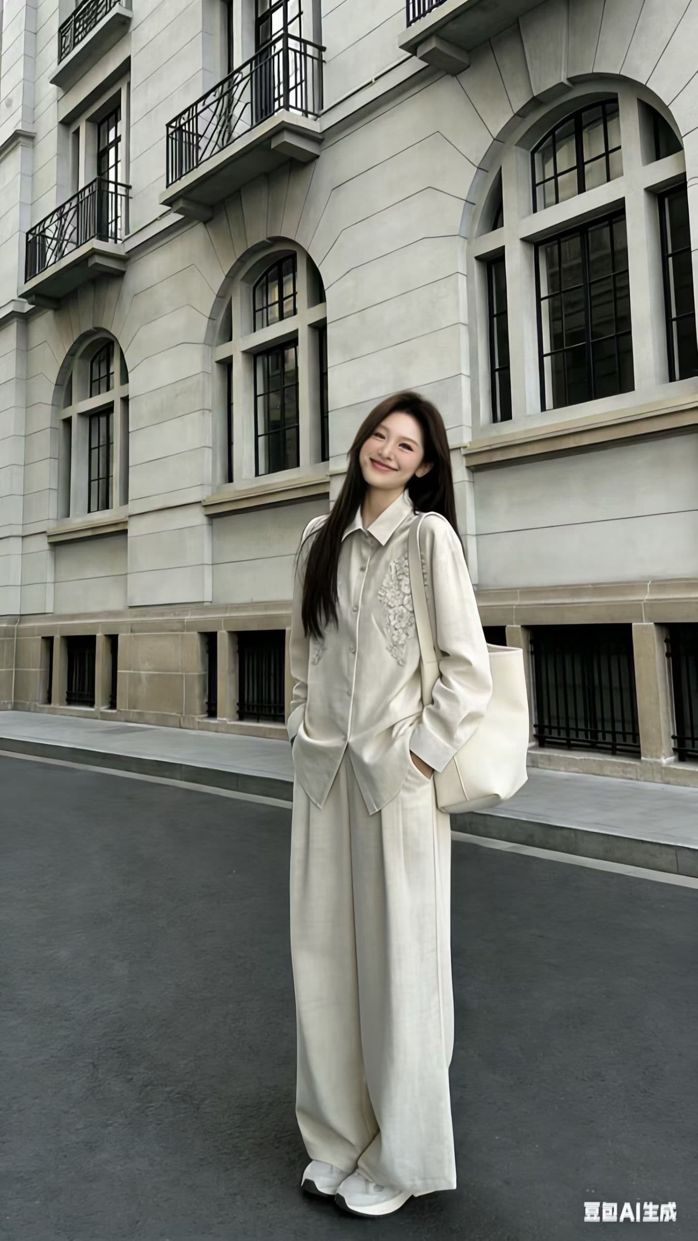 유럽 상품 비즈 박기 무거운 작업 긴팔 자외선 차단 셔츠 맨위 루즈핏 긴 바지 두 조각 패션 세트 여성 26 봄 여름 새로운 상세 이미지 4