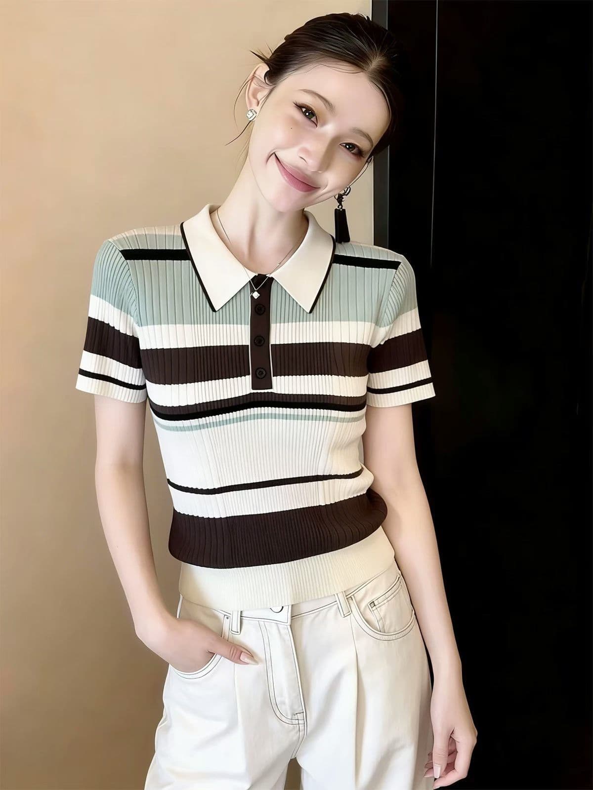 레트로 POLO 칼라 스트라이프 반팔 티셔츠 여성 2026 봄 여름 오래된 돈 바람 맨위 상세 이미지 4