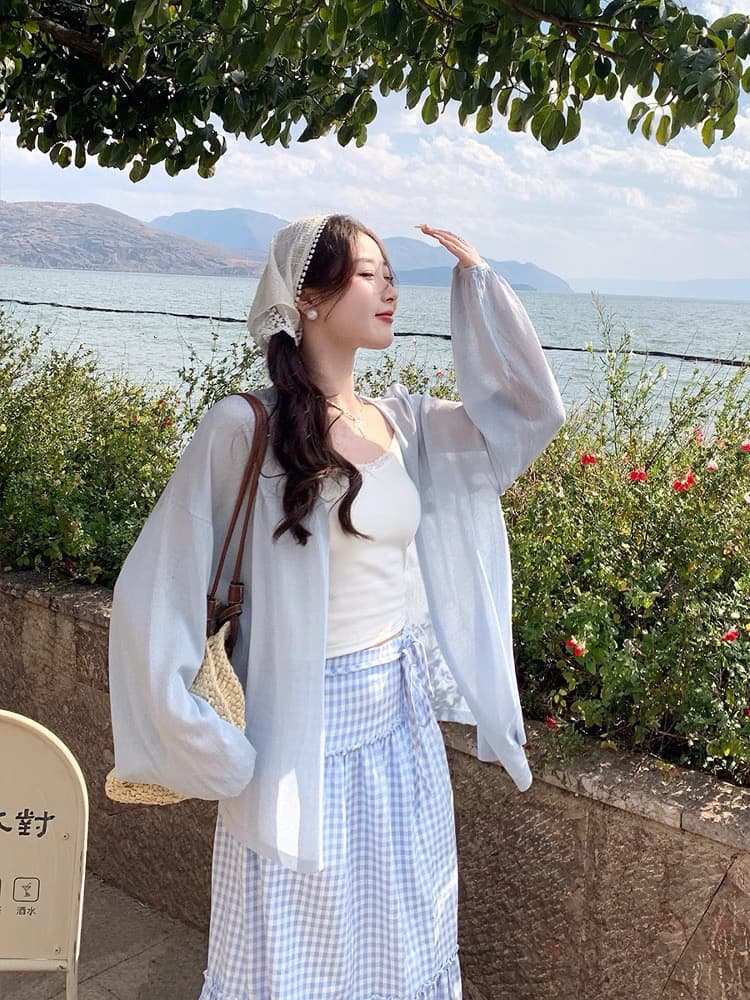 핑크색 니트 스웨터 오픈 가디건 여성 얇은 스타일 2025 새로운 여름 자외선 차단 블라우스 슬립 외부 가져 가라. 니트 재킷 맨위 이미지 2