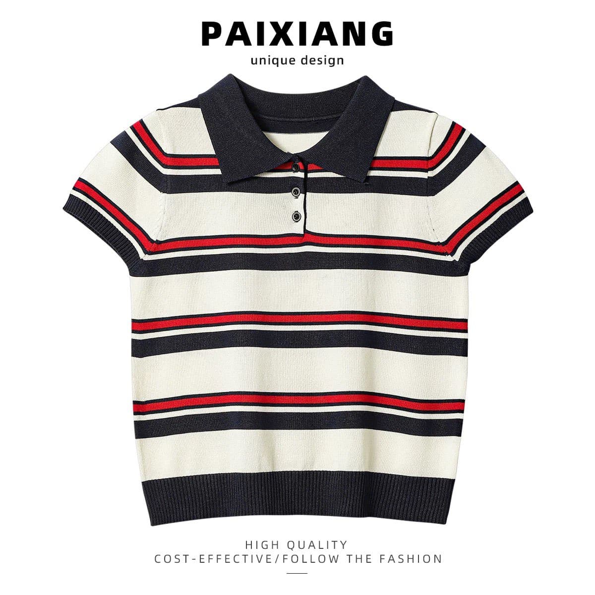 배색 스트라이프 POLO 셔츠 니트 반팔 티셔츠 여성 여름 루즈핏 슬림해 보이는 긍정적 인 어깨 쇼트 스타일 맨위 상세 이미지 1