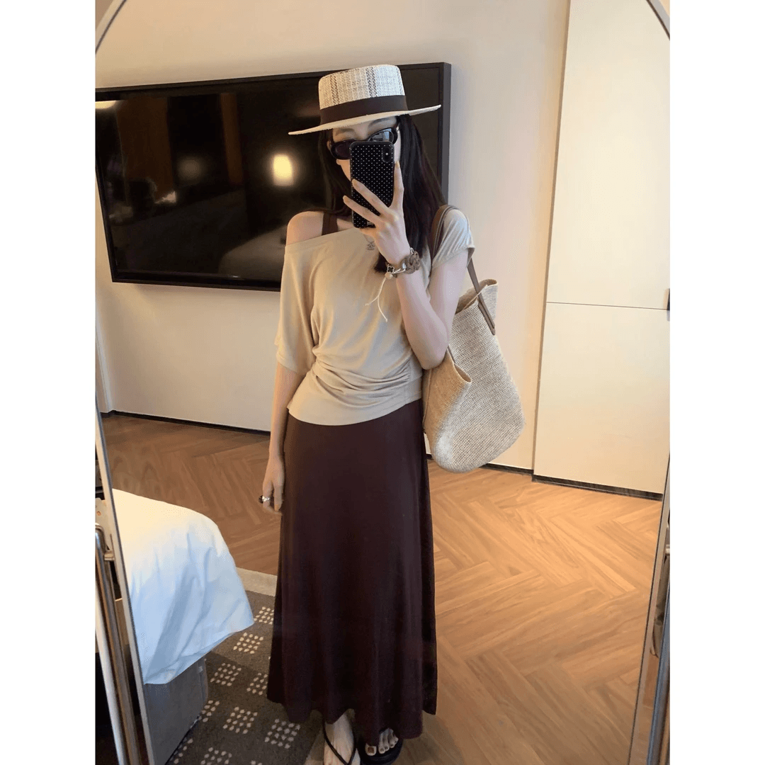 muzm 여름 작은 대중 디자인 센스 새로운 품격 캐주얼 주름 슬림해 보이는 루즈핏 드레스 불규칙 세트 상세 이미지 5