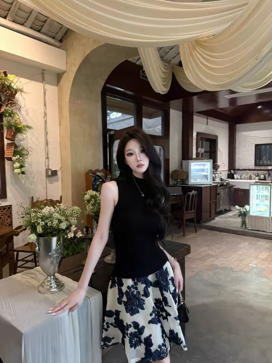 awmumu 프랑스식 명문 여성 바람 파란색 자수 꽃 반신 스커트 여성 몸매 가꾸기 슬림해 보이는 하이웨이스트 퍼프 스커트 짧은 치마 상세 이미지 1