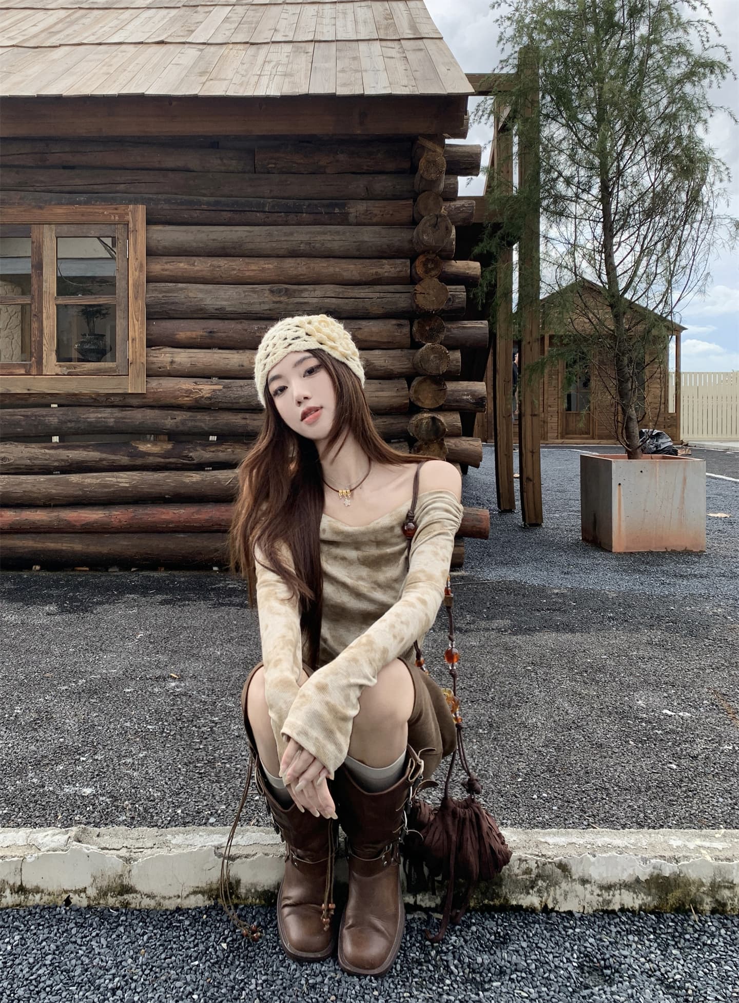 실사 아름다움 라드. 불모지 바람 비스듬한 어깨 의류 봄 드레스 커피 색 후광 염색 불규칙 맨위 바지 상세 이미지 11