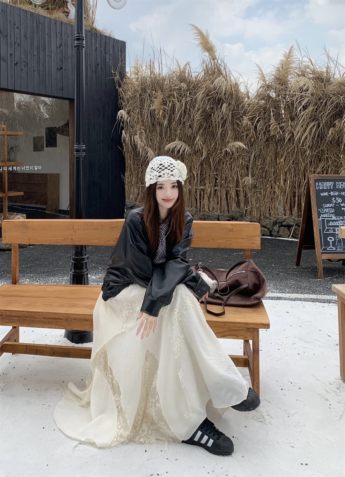 실사 화이트 봄 무거운 작업 망사 자수 패치워크 레이스 불규칙 케이크 드레스 가죽 재킷 재킷 상세 이미지 11