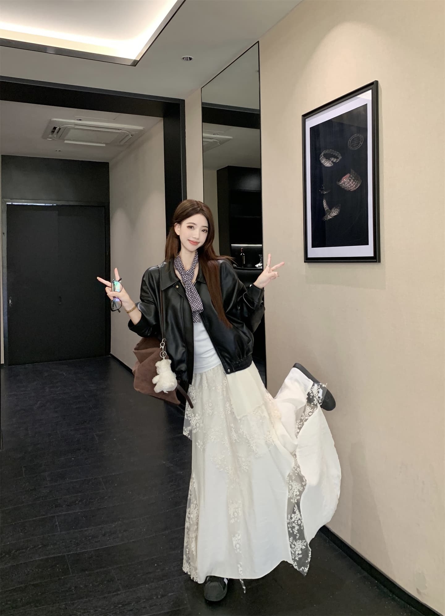 실사 화이트 봄 무거운 작업 망사 자수 패치워크 레이스 불규칙 케이크 드레스 가죽 재킷 재킷 상세 이미지 18