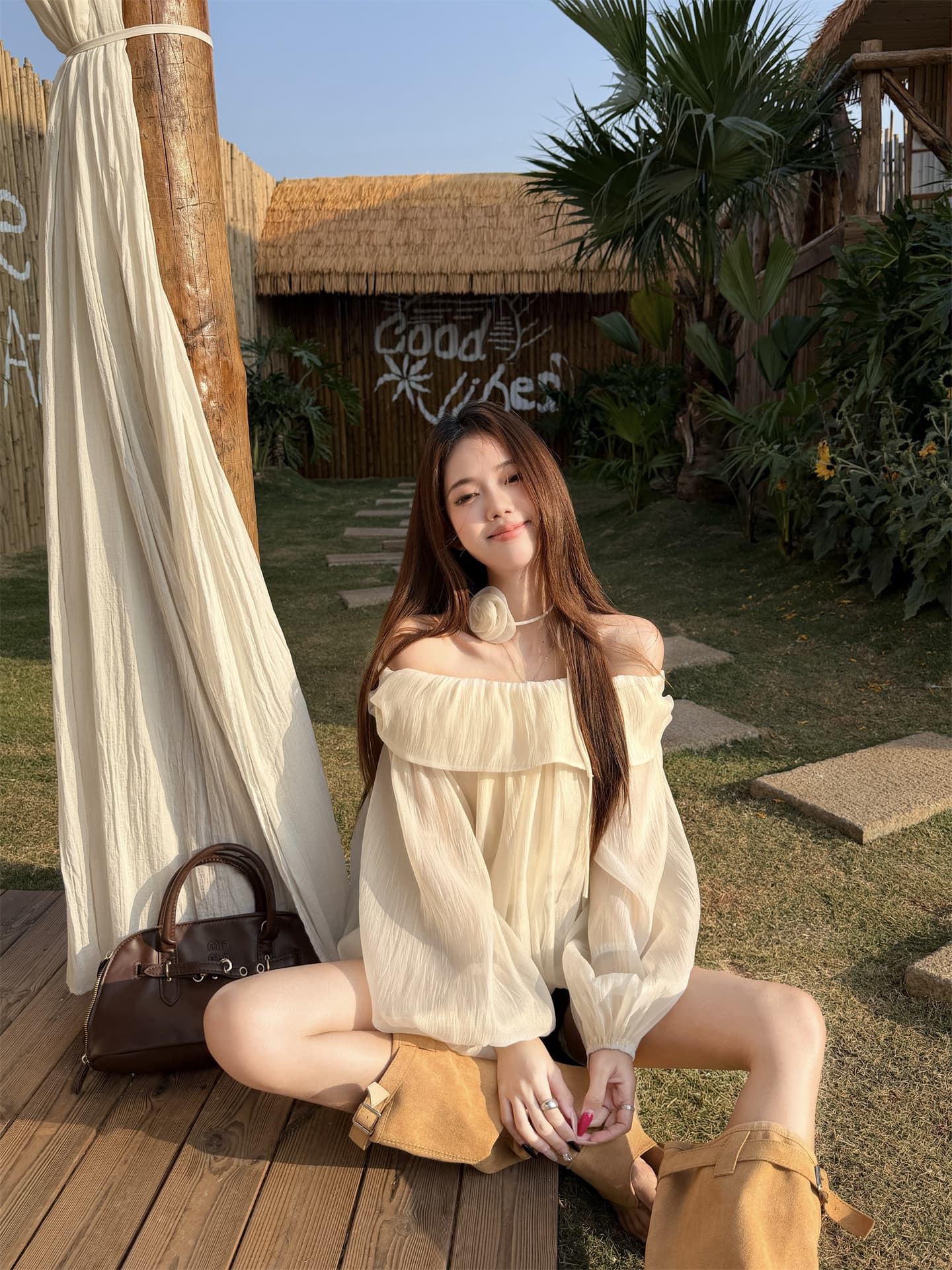 실사 봄 새로운 녹색 오프숄더 품격 긴팔 쉬폰 여성 셔츠 마이크로 ~을 통해 꽃밭 맨위 경기 꽃 상세 이미지 20