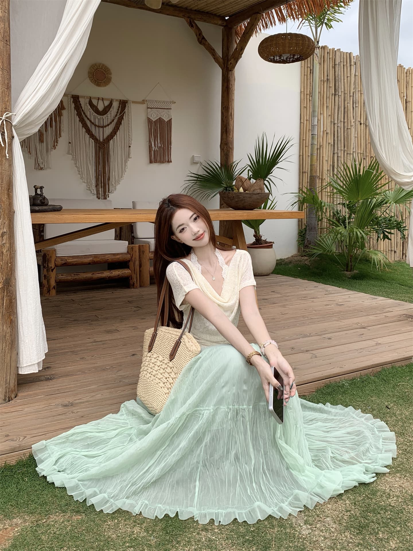 실사 로드 중 흔들다 칼라 반팔 인사이드 가져 가라. 레이스 행침 목 투피스 조끼 프릴 펌프 Pleat 망사 반신 스커트 상세 이미지 13
