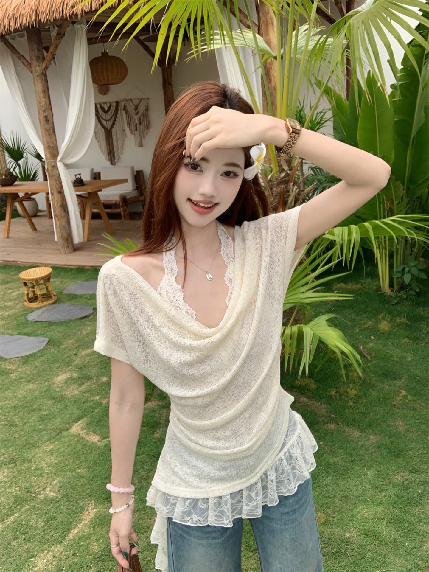 실사 로드 중 흔들다 칼라 반팔 인사이드 가져 가라. 레이스 행침 목 투피스 조끼 프릴 펌프 Pleat 망사 반신 스커트 상세 이미지 18