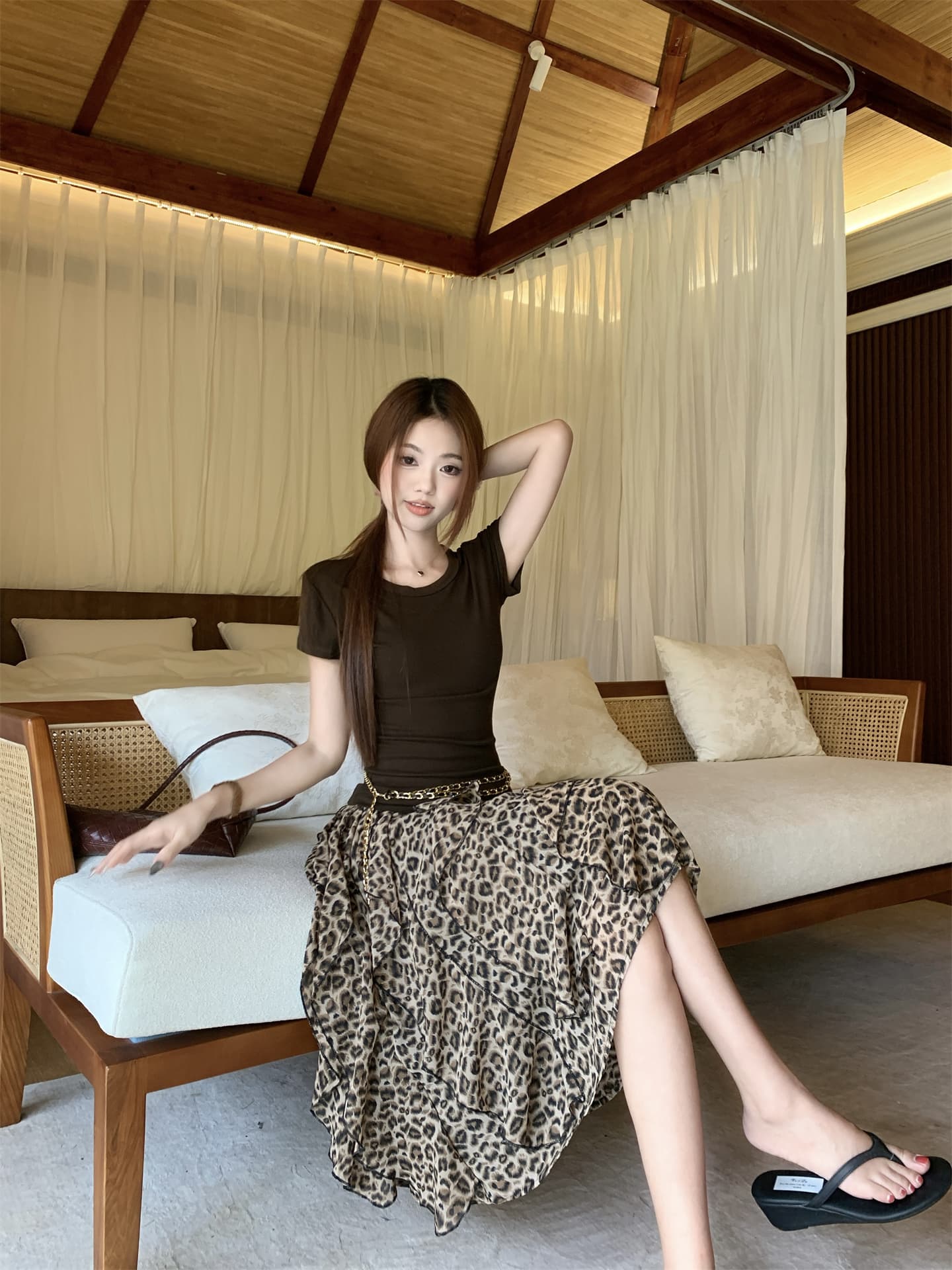 실사 디자인 센스 작은 대중 불규칙 레오파드 무늬 케이크 드레스 여름 새로운 한국 스타일 하이웨이스트 작은 키 중간 길이 스커트 상세 이미지 16